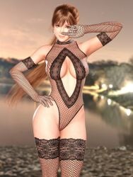 1girls 3d 3d_(artwork) 3d_model 3d_render artist_logo artist_name asian_female blurry blurry_background boob_window brown_eyes dead_or_alive earrings elbow_gloves female female_only fishnet_gloves fishnet_stockings fit_female ginger gloves highres hleet3d jewelry kasumi_(doa) lace-trimmed_gloves lace_trim lace_trimmed_thighhighs leotard lingerie lingerie_only long_hair looking_at_viewer orange_hair pinup ponytail posing posing_for_the_viewer pussy_visible_through_clothes see-through_clothing