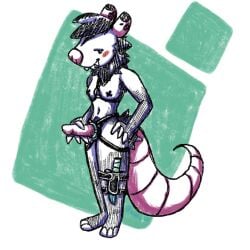 1:1 american_opossum anthro big_tail blush female fur harness knife knife_sheath mammal marsupial mildread_(wahlgo) neck_tuft nipple_tape pasties pink_tail sex_toy simple_background solo strapon straps tail tape toothy_grin tuft wahlgo white_body white_fur