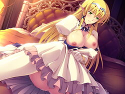 angelica_rothschild areolae bed blonde_hair blush breasts censored dress elbow_gloves elf embarrassed female game_cg green_eyes highres himekishi_angelica ishigaki_takashi large_breasts legs long_hair looking_away nipples no_panties pointy_ears pussy sitting solo spread_legs thighs white_legwear