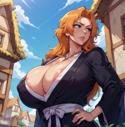 1girl ai_generated areola_slip areolae bleach blue_eyes breasts_bigger_than_head cleavage facing_away female female_focus female_only hand_on_hip huge_breasts kimono looking_away matsumoto_rangiku nipple_bulge no_bra no_sex non-nude non_nude orange_hair outdoors posing ps-ai sfw solo solo_female solo_focus sweat