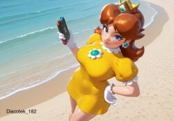 ai_generated beach big_breasts blue_eyes brown_hair crown horny horny_female mario_(series) mario_kart mario_strikers mario_tennis naughty_face nintendo nintendo_switch princess princess_daisy video_game_character video_games yellow_dress