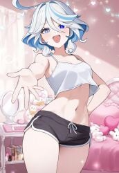 1girls bedroom belly belly_button blue_eyes blue_hair blush breasts furina_(genshin_impact) genshin_impact gym_shorts happy heterochromia midriff petite plushie short_shorts shorts sidillusts small_breasts smile solo thighs