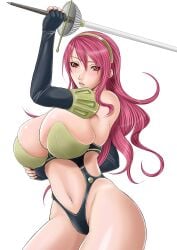 armor ass atlus blush breast_press breasts bursting_breasts curvy elbow_gloves female female_focus gloves hairband high-cut_armor_(persona) hip_focus huge_breasts large_breasts long_hair mitsuru_kirijo navel persona persona_3 rapier red_eyes red_hair solo sword thighs toguchi_masaya weapon wide_hips