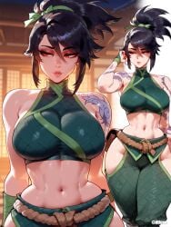 1girls ai_generated akali breasts difuxer female female_focus female_only huge_breasts large_breasts league_of_legends light-skinned_female light_skin looking_at_viewer midriff tattoos thick_thighs thighs wide_hips