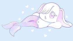 16:9 animate_inanimate anthro creamsodage female genitals hair hair_over_eye hi_res lagomorph leporid living_plushie mammal marine merfolk nude plushie pussy rabbit split_form widescreen