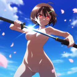 1girls ai_generated brave_witches brown_hair cleft_of_venus day falling_petals holding_katana karibuchi_hikari katana looking_at_viewer medium_breasts navel nipples novelai nude outdoors red_eyes short_hair solo standing world_witches_series