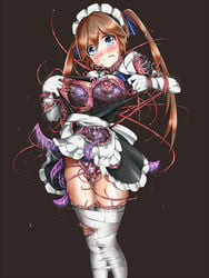 1girls apron bdsm biosuit black_background blue_eyes blush bondage bound bound_legs breasts brown_hair clenched_teeth dress female frown fumi11gou gloves head_tilt highres legs_together living_clothes long_hair maid maid_apron maid_headdress medium_breasts nipples simple_background solo standing struggling tears teeth tentacle thighs twintails waist_apron