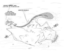 2024 after_vore animal_humanoid belly big_belly breasts eel eel_humanoid english_text female female_pred fish fish_humanoid frakass genitals group hi_res huge_belly human humanoid mammal marine marine_humanoid merfolk monochrome overweight pussy shark ship simple_background split_form text underwater vehicle vore water watercraft white_background