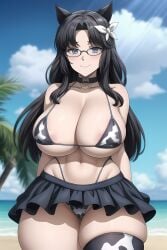 1girls ai_generated big_breasts black_hair blue_eyes cat_ears cat_tail catgirl cow_print cow_print_bikini female female_focus female_only huge_breasts large_breasts long_hair looking_at_viewer mature_female milf smile