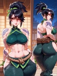 1girls ai_generated akali ass breasts difuxer female female_focus female_only huge_breasts large_breasts league_of_legends light-skinned_female light_skin looking_at_viewer midriff tattoos thick_thighs thighs wide_hips