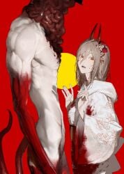 absurdres blood chainsaw_man demon demon_girl demon_horns flower hair_flower hair_ornament heavenmole highres horns intestines long_hair orange_eyes power_(chainsaw_man) power_(devil_form) tail