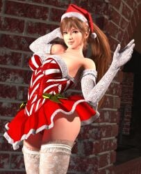 1girls 3d 3d_(artwork) 3d_model 3d_render artist_logo artist_name asian_female brown_eyes christmas christmas_dress christmas_outfit cleavage dead_or_alive dress elbow_gloves female female_only fit_female ginger gloves highres hleet3d kasumi_(doa) lace-trimmed_thighhighs lace_gloves long_hair looking_at_viewer orange_hair pinup ponytail posing posing_for_the_viewer round_ass santa_hat stockings thighhighs underskirt upskirt