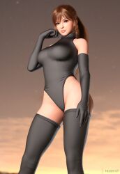 1girls 3d 3d_(artwork) 3d_model 3d_render artist_logo artist_name asian_female big_breasts black_gloves black_leotard black_stockings brown_eyes dead_or_alive earrings elbow_gloves female female_only fit_female ginger gloves highres hleet3d hourglass_figure jewelry kasumi_(doa) leotard long_hair looking_at_viewer orange_hair outside pinup ponytail posing posing_for_the_viewer stockings thighhighs