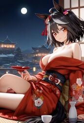 ai_generated animal_ears animal_tail bare_shoulders black_hair breasts cleavage female hair_ornament horse_girl kimono kimono_pull kitasan_black_(umamusume) looking_at_viewer off_shoulder open_clothes red_eyes two_tone_hair umamusume umamusume_pretty_derby