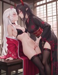 2girls ai_generated black_hair dewiantka female female_only half_naked highres kimono koicorp long_hair medium_breasts oniemiko pussy red_eyes smirk stockings stomach touching_pussy vtuber white_hair yuri