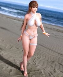 1girls 3d 3d_(artwork) 3d_model 3d_render artist_logo artist_name asian_female beach bikini bracelet brown_eyes dead_or_alive female female_only fit_female ginger highres hleet3d kasumi_(doa) lace-trimmed_bikini lace-trimmed_panties leg_garter leg_strap long_hair looking_at_viewer ocean ocean_background orange_hair pinup ponytail posing sandals walking white_bikini white_bikini_bottom white_bikini_top