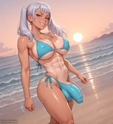 1female 1futa abs ai_generated bikini black_clover bulge bulge_through_clothing bulging_breasts dickgirl futa_only futanari noelle_silva penis penis_in_panties precum puffyart tanline thighhighs thighs toned_futa toned_stomach