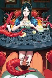 alice_(madness_returns) alice_in_wonderland alice_liddell alice_madness_returns american_mcgee's_alice artist_request black_hair blood chair cup dressed ea feet footjob green_eyes kettle knife long_hair looking_at_viewer pale_skin penis pov pubic_hair sitting smile table tea teapot tentacle tentacles toes under_the_table