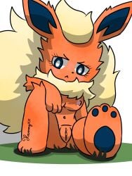 2025 3:4 :< angry anthro ass big_tail black_eyes black_nose blush blush_lines breasts cel_shading countershading digital_media_(artwork) eeveelution eyelashes female flareon fur generation_1_pokemon genitals head_tuft hi_res looking_at_viewer neck_tuft nintendo nipples nude nude_anthro nude_female orange_body orange_fur paws pokemon pokemon_(species) pussy shaded signature simple_background sitting tail tuft watermark white_background xammyxx yellow_body yellow_fur