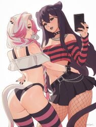 2girls animal_ears ass bare_shoulders belly belt black_hair blue_eyes bra bracelet choker clothed clothing dnaitari duo earrings female female_only fishnets girly goth green_eyes hair hi_res hips human legs light-skinned_female light_skin lipstick long_hair looking_at_viewer looking_back nail_polish navel necklace oc original_character panties partially_clothed phone pink_eyes pink_hair shirt simple_background skirt smile spiked_collar standing stockings tail taking_picture thighhighs thighs two-tone_hair underwear white_hair yuri