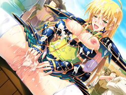 angelica_rothschild areolae armor blonde_hair blush breasts censored cum cum_in_pussy cum_on_body cum_on_breasts cum_on_lower_body cum_on_upper_body elf facial female game_cg green_eyes highres himekishi_angelica ishigaki_takashi large_breasts legs long_hair masturbation nipples no_panties open_mouth pointy_ears public pussy pussy_juice saliva sitting skirt smile spread_legs sweat thighs wet white_legwear