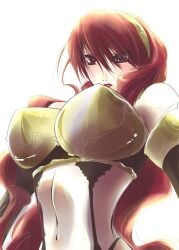 atlus breasts headband high-cut_armor_(persona) huge_breasts lingerie lipstick long_hair makeup mitsuru_kirijo persona persona_3 red_eyes red_hair sakurasawa_yukino underwear wavy_hair