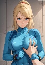 1boy ai_generated bangs blonde_hair blue_bodysuit blue_eyes blush bodysuit breast_grab breasts closed_mouth clothing covered_navel female female gloves grabbing groping guided_breast_grab guiding_hand high_ponytail holding_another's_wrist indoors jousneystudio large_breasts lips long_hair long_sleeves looking_at_viewer male metroid mole mole_under_mouth navel nintendo nipples parted_lips ponytail pov pov_hands samus_aran shiny sidelocks skin_tight solo solo_focus straight swept_bangs tied_hair upper_body web_address zero_suit zero_suit_samus