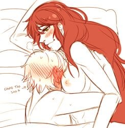 1boy 1boy1girl 1girls abs after_sex bed bedroom blush breasts colored_sketch couple cum cute embarrassed female green_eyes head_between_breasts hig hugging jaune_arc long_hair love male medium_breasts on_bed pyrrha_nikos red_hair rwby sketch smile yatayo