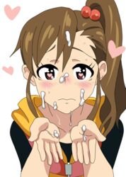 blush brown_hair clothing cum cum_on_hair cum_on_hand female futami_mami heart heart-shaped_pupils idolmaster jacket kagemusha ponytail reaching_out tied_hair