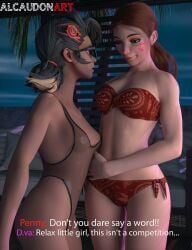 2girls 3d alcaudonart black_hair blonde_hair blue_eyes breast_conscious crossover d.va dark-skinned_female dark_skin english_text hairclip looking_at_another low_ponytail marvel marvel_rivals medium_breasts multiple_girls one-piece_swimsuit overwatch overwatch_2 peni_parker peni_parker_(marvel_rivals) see-through see-through_clothing see-through_swimsuit small_breasts streaked_hair subtitled sunglasses swimsuit whisker_markings