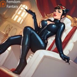 1girls ai_generated batman_(series) big breasts catwoman dc_comics dominant domination explicit female femdom nude obey ordering room rules selina_kyle throne worship