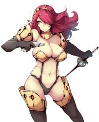 alternate_costume armor atlus bikini_armor breasts elbow_gloves evoker female female_focus gloves gun hair_over_one_eye handgun high-cut_armor_(persona) large_breasts long_hair mitsuru_kirijo persona persona_3 pistol plump rapier red_hair skindentation solo sword thighhighs weapon zako_(arvinry)