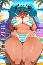 ai_generated beach big_breasts bikini hands_over_breasts hatsune_miku headletzer looking_at_viewer tagme tanned vocaloid