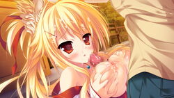 amagi_karin animal_ears blonde_hair blush breasts censored collarbone cum facial female fox_ears game_cg long_hair magical_marriage_lunatics!! moonstone necklace nipples open_mouth paizuri penis red_eyes yamakaze_ran