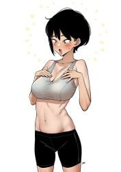 black_hair blush breast_expansion breast_grab breasts fan_(f.w.zholic) farmer's_tan female female_only medium_breasts mole navel paid_reward red_eyes sweatdrop twitter_strip_game_(meme) yoga_pants