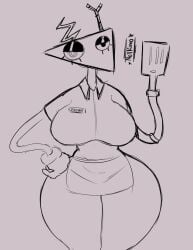 antennae antennae_(anatomy) antennae_markings apron artist_name artist_signature big_breasts breasts breasts_bigger_than_head clothed collared_shirt colorless eyelashes fast_food fast_food_uniform for_a_head fully_clothed gloves half-closed_eyes hand_on_hip hand_on_own_hip hand_up hourglass_figure mismatched_arms mismatched_pupils mouthless name_tag non-human noodle_arms raised_hand signature sketch solo spatula spiral_eyes spiral_pupils striped_antennae striped_markings swirly_eyes the_amazing_digital_circus thick_thighs thin_arms toy toy_humanoid triangle_head twitter_link uniform zooble_(the_amazing_digital_circus)