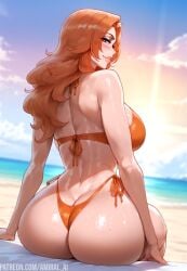 1girls ai_generated amiral_ai ass beach big_ass big_breasts bikini bleach blue_eyes blush breasts clothing curvy female female_only hips light-skinned_female looking_at_viewer looking_back makeup matsumoto_rangiku orange_bikini orange_hair pink_lips red_hair shiny_skin small_waist thighs