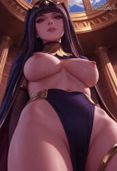 ai_generated areolae black_hair female female_only fire_emblem_awakening hair_ornament hi_res lips lips_parted looking_at_viewer low-angle_view nipples pelvic_curtain purple_eyes solo solo_female solo_focus tharja_(fire_emblem) thighs twintails