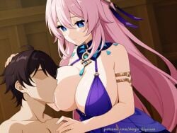 1boy 1girl 1girls aegis_elysium ai_art ai_generated alternate_breast_size background bare_shoulder bare_shoulders blue_eyes blush blushing blushing_at_viewer breastfeeding breastfeeding_during_sex breasts breasts_bigger_than_head brown_hair citlali_(genshin_impact) cleavage female_focus flower gem genshin_impact gloves hair_ornament headpiece highres holding holding_own_breast holding_own_breasts house hoyoverse huge_breasts indoors jewelry large_breasts long_hair long_sleeves looking_at_viewer navel nipples older older_female orange_eyes party party_dress patreon patreon_username saliva sex short_hair skimpy straight topless very_long_hair wet