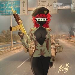 1girls ak_47 beret breasts countryhumans countryhumans_girl female green_eyes green_hair hair half_nude kingkokoko35 liveleak looking_at_viewer military_uniform outside posing red revealing_clothes rifle solo_female syria_(countryhumans) thighs thousand_yard_stare unbuttoned