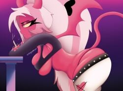 1female 1girls 2d 2d_(artwork) ass ass bent_over big_ass big_butt breast_squish breasts breasts breasts bulging_breasts cigarette cleavage clothed clothing crop_top curvy demon demon_girl demon_horns demon_humanoid dragonmorfer female female female_only fingerless_gloves helluva_boss holding_object horns long_hair nail_polish open_mouth painted_nails pants_down pink_body pink_eyes pink_skin ponytail revealing_clothes shirt solo solo_female squished_breasts succubus tagme tail thick_thighs thighs thong thong_straps two_tone_hair underwear verosika_mayday_(helluva_boss) white_nail_polish white_nails wings yellow_sclera