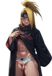 1boy ai_generated akatsuki_(naruto) bara blonde_hair blush briefs cloak cloud_print cock deidara dominant femboy femboy_focus male male_only muscular naruto naruto_(series) naruto_shippuden penis ponytail presenting small_penis solo solo_focus thick thick_thighs thighs