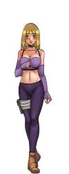 bare_shoulders blonde_hair blunt_bangs blush boots breasts bridal_gauntlets cg cleavage elbow_gloves female fingerless_gloves full_body gloves green_background groin hentai_heroes jennie_(hentai_heroes) kinkoid large_breasts looking_at_viewer midriff navel official_art parody shoes short_hair simple_background smile solo standing transparent_background wide_hips
