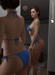 1girls 3d ass ass bikini blue_bikini blue_eyes brown_hair capcom female female_only francis_brown jill_valentine jill_valentine_(sasha_zotova) mirror pale-skinned_female panties resident_evil resident_evil_3 resident_evil_3_remake revealing_clothes short_hair side-tie_bikini solo swimsuit swimwear