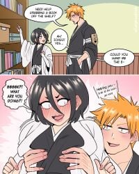 1boy 1girls black_hair bleach blush captain dangerousbride dialogue english_text female funny heavy_blush ichigo_kurosaki kuchiki_rukia lifting lifting_person male orange_hair speech_bubble tagme very_high_resolution