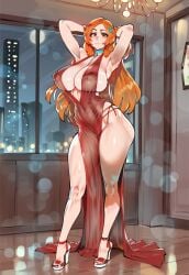 1girls ai_generated armpits arms_up asian asian_female big_breasts bleach breasts choker dress erect_nipples feet female female_only heels high_heels hips huge_breasts indoors inoue_orihime japanese_female light-skinned_female looking_at_viewer nail_polish nipple_bulge novelai orange_hair pose red_dress red_heels sexy sexy_pose sideboob slit_dress solo solo_female solo_focus standing thick_thighs thighs twitwit voluptuous voluptuous_female