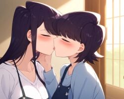 ai_generated blush closed_eyes daughter drooling fully_clothed incest kissing komi-san_wa_komyushou_desu komi_shouko komi_shuuko mother mother_and_daughter purple_hair saliva yuri