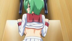 aiba_matsuri animated ass ass_grab bouncing_breasts censored clothing doggy_style female from_behind green_hair kazusiro_23 looking_at_viewer looking_back on_desk oppai_heart_~kanojo_wa_kedamono_hatsujouki!?~ school school_uniform sex shirt_lift skirt vaginal_penetration