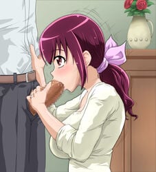 absurdres belt blush breasts censored clothing fellatio female hair_ribbon highres hoshizora_ikuyo kakkasouyou large_breasts long_hair looking_up milf oral penis ponytail precure pretty_cure purple_eyes purple_hair smile_precure standing t-aoba tied_hair vase