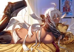 ahoge ass bangs bed bed_sheet black_footwear blush boots breasts closed_eyes club3 dark-skinned_female dark_skin day eyebrows_visible_through_hair fate/grand_order fate_(series) female hair_between_eyes hair_ornament hair_ribbon high_resolution in_profile indoors koha-ace large_breasts legs_up long_hair looking_at_viewer looking_to_the_side lying naked_shrug nanaya_(daaijianglin) nipples nude okita_souji_(alter)_(fate) okita_souji_(fate) okita_souji_(fate)_(all) on_bed on_stomach paid_reward patreon_reward picture_(object) pillow pillow_hug red_neckwear ribbon short_sleeves shrug_(clothing) sideboob signature silver_hair smile solo sunlight tassel thigh_boots thighhighs very_long_hair yellow_eyes